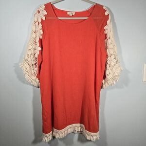Umgee Orange Boho Dress Knit Floral Details‎ Lined Womens Size Large